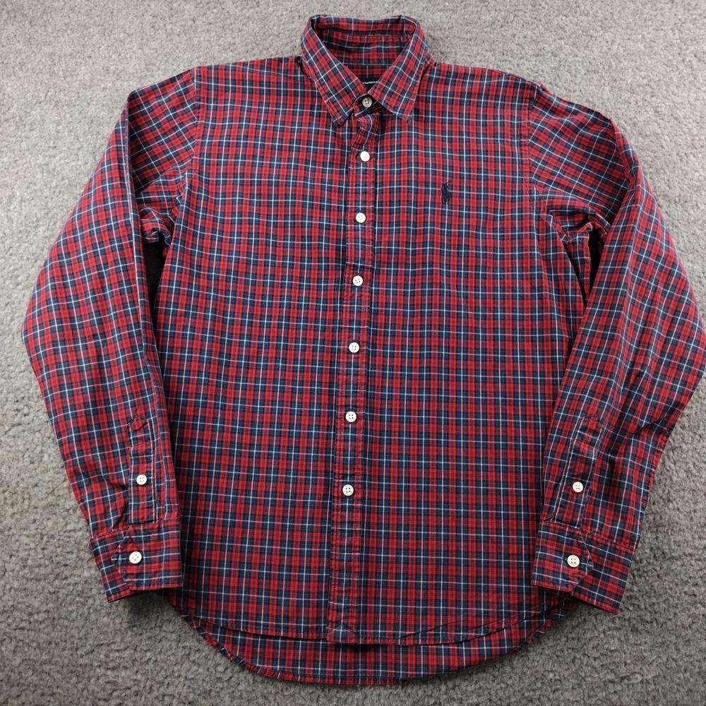 Ralph Lauren Sport Red Blue Plaid Cotton Button Down Shirt Womens 14 Long Sleeve